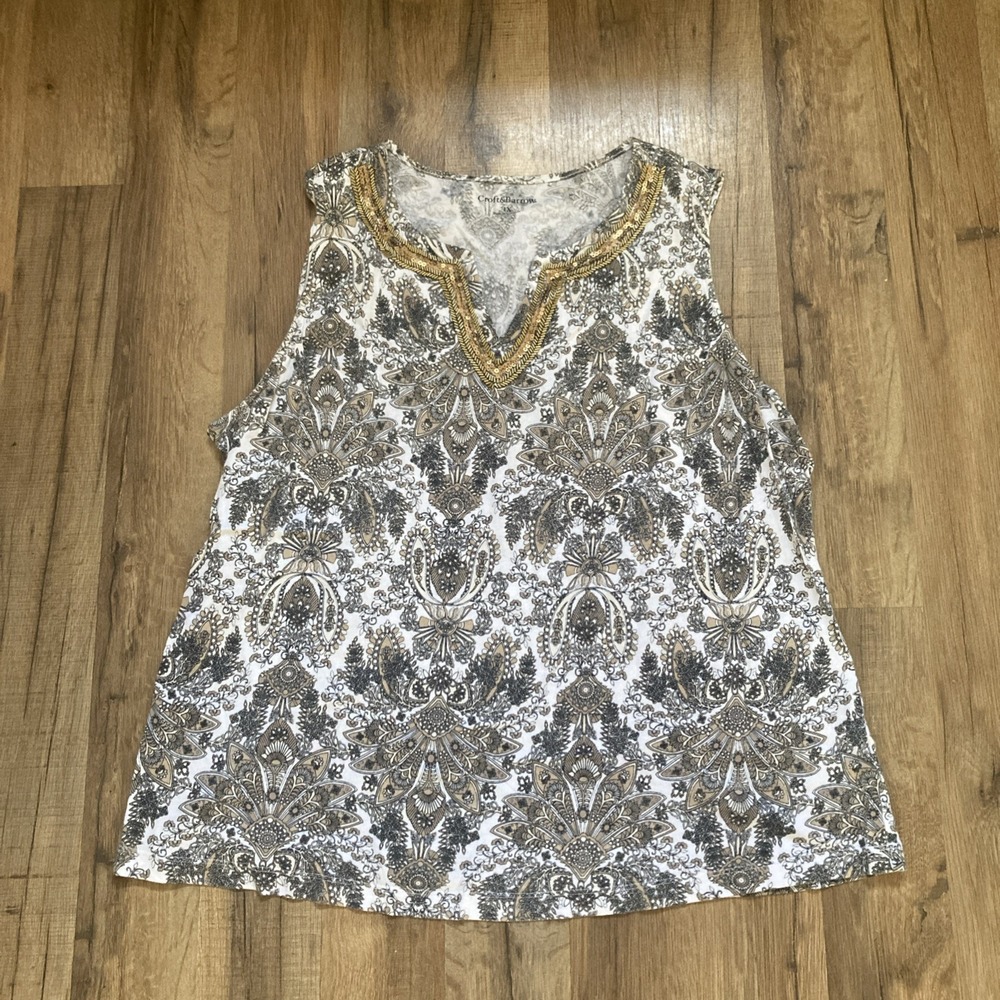 Croft & Barrow Tank Plus Size 1X Paisley Design Embellished Neckline Summer